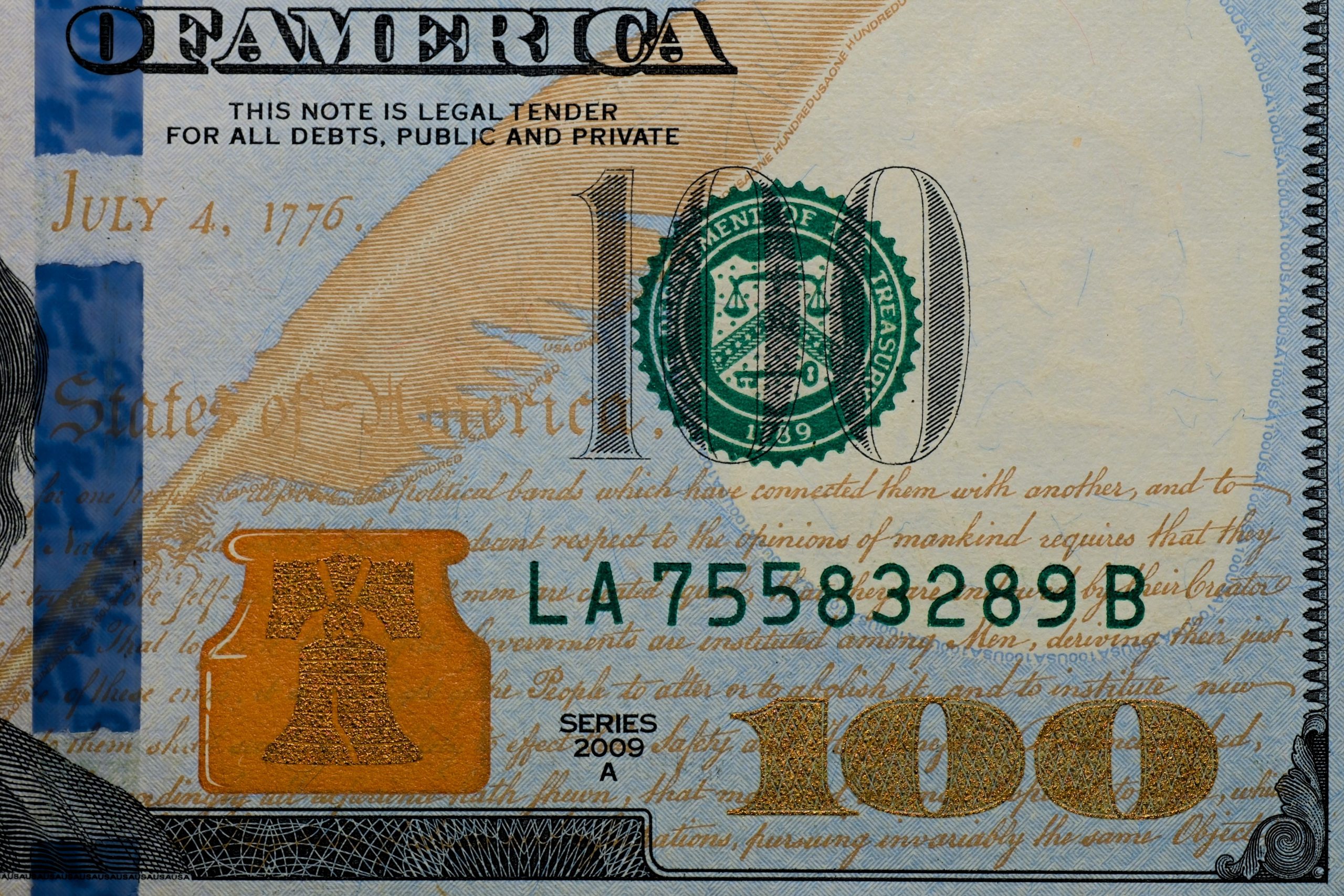 Billet de 100 dollars avec éléments de sécurité